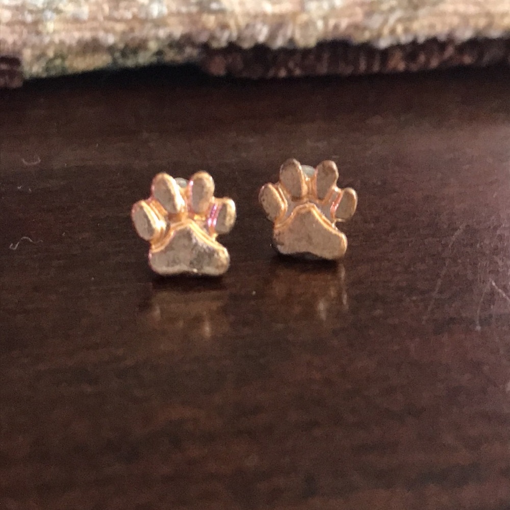 Gold Tone Paw Print Pierced Stud Earrings Dog Cat Pet
